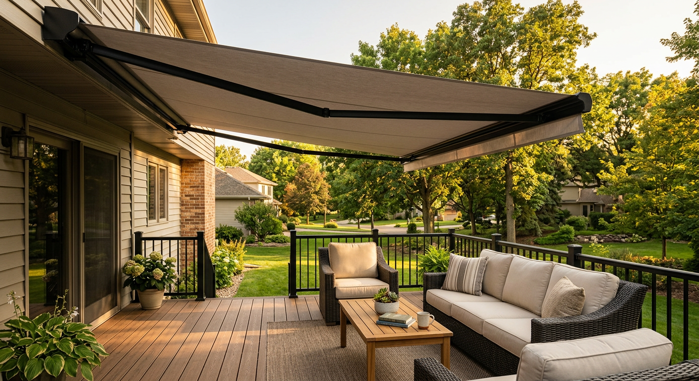 Retractable awning shading a composite deck with outdoor lounge furniture
