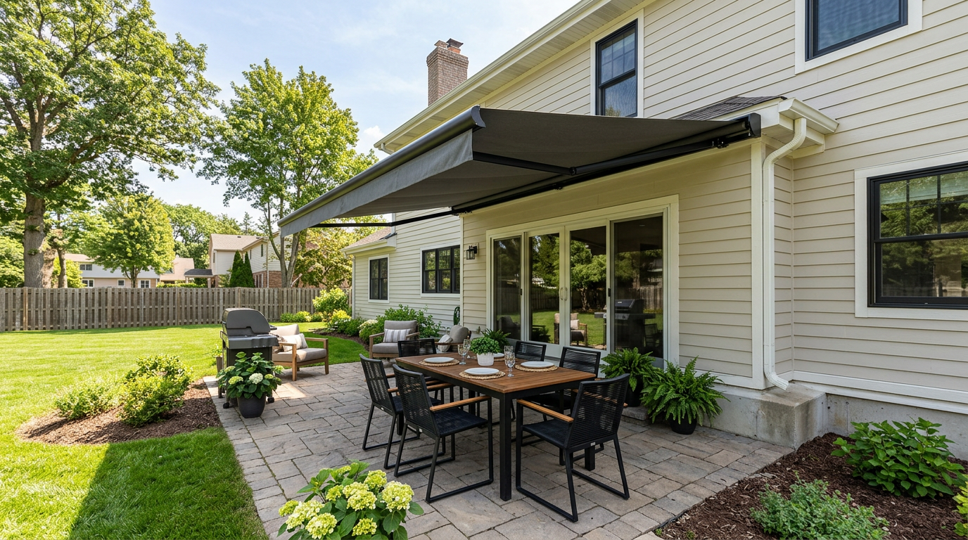 Charcoal retractable awning extended over a stone paver patio